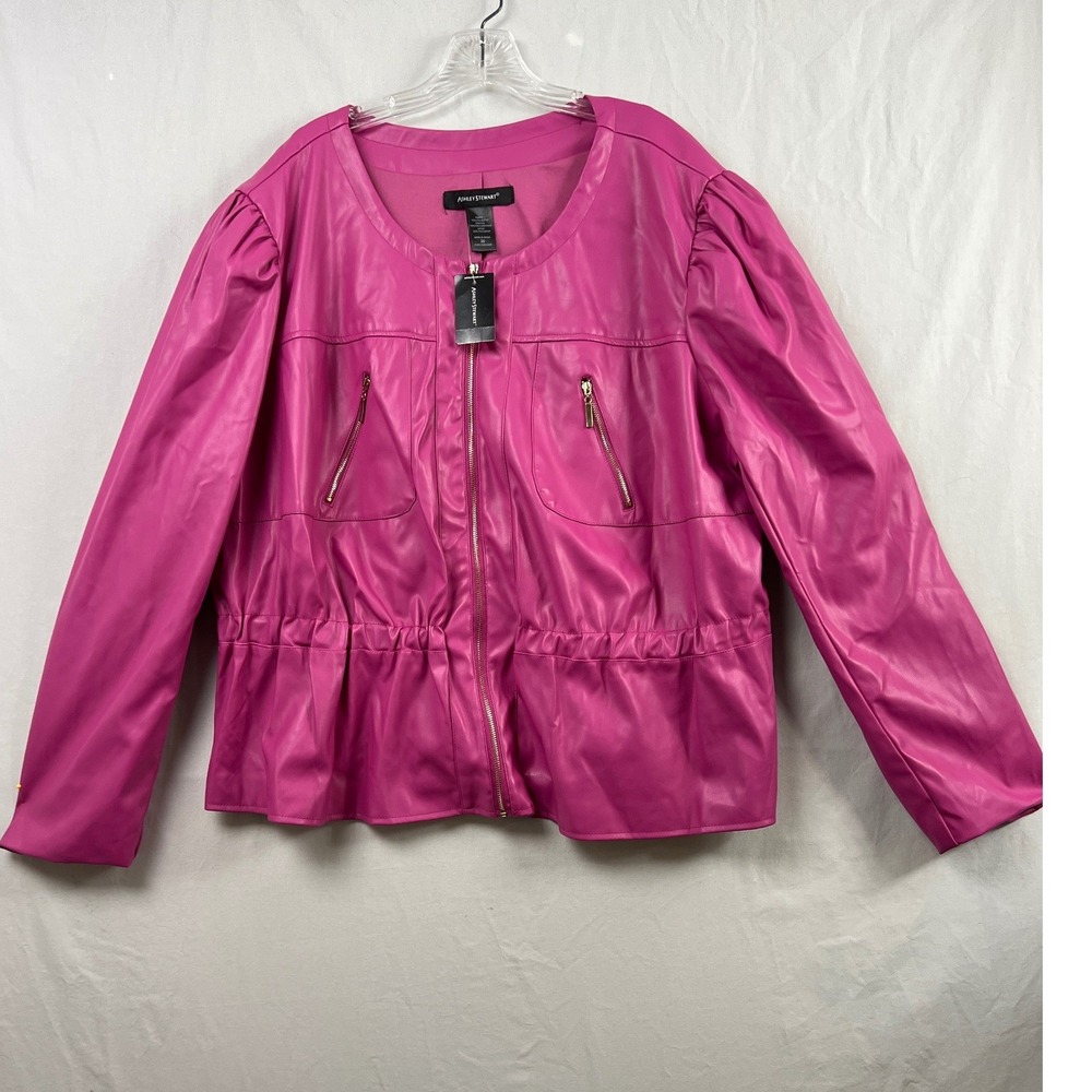 Ashley Stewart Faux Leather Jacket Womens 24 Fuchsia Pink Puff Sleeve New